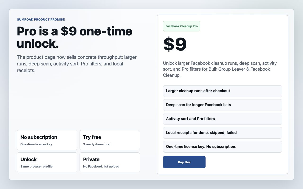 Pro license screen and Gumroad one-time purchase