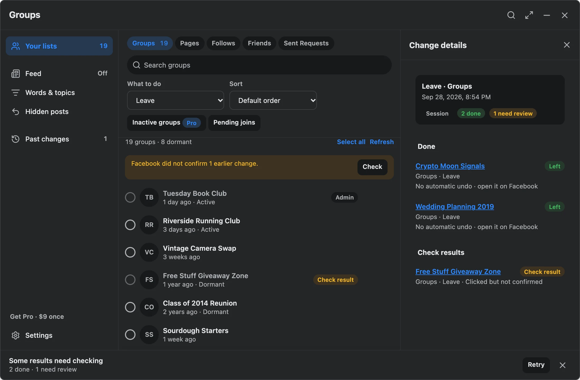 Change details in Facebook dark mode: Crypto Moon Signals and Wedding Planning 2019 left, Free Stuff Giveaway Zone waiting for a result check.
