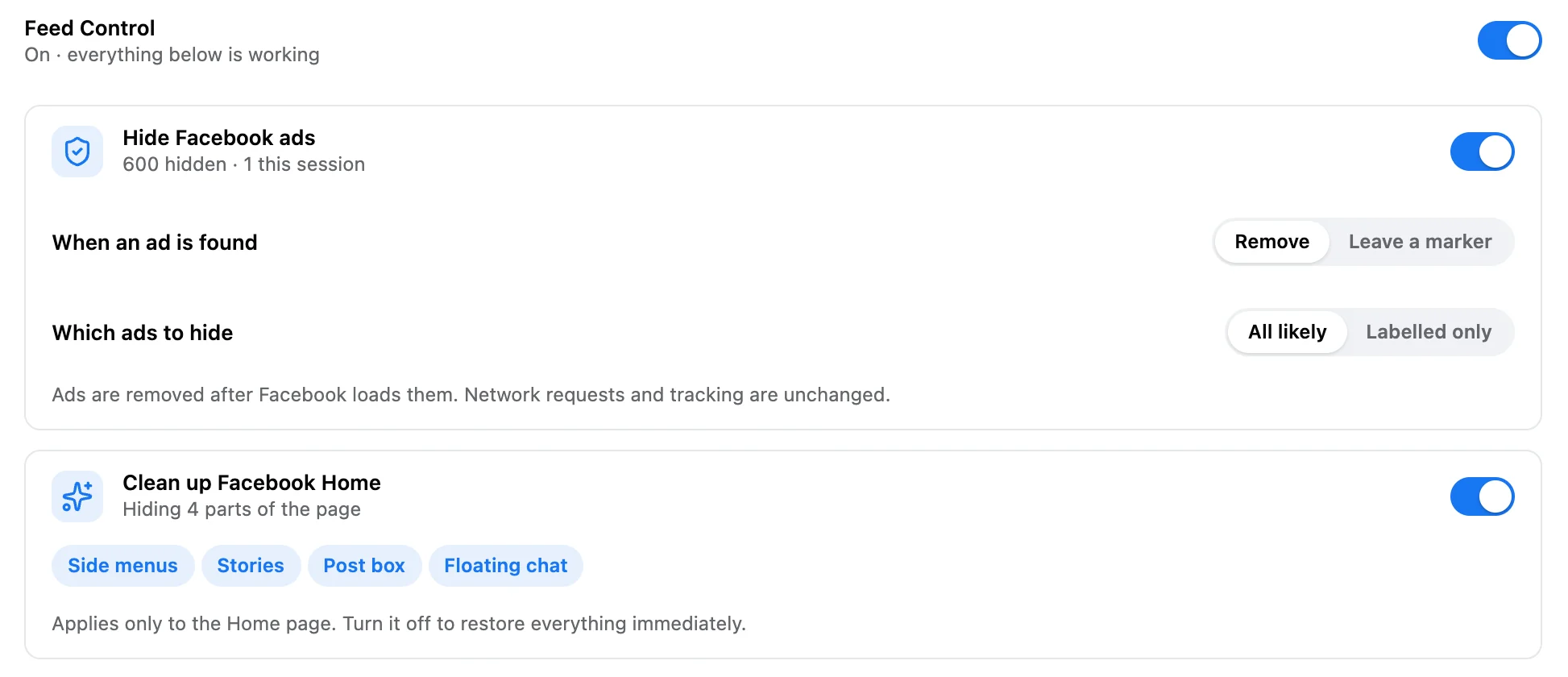 Hide Facebook ads switched on with Remove and All likely selected, and Clean up Facebook Home hiding side menus, Stories, post box, and floating chat.