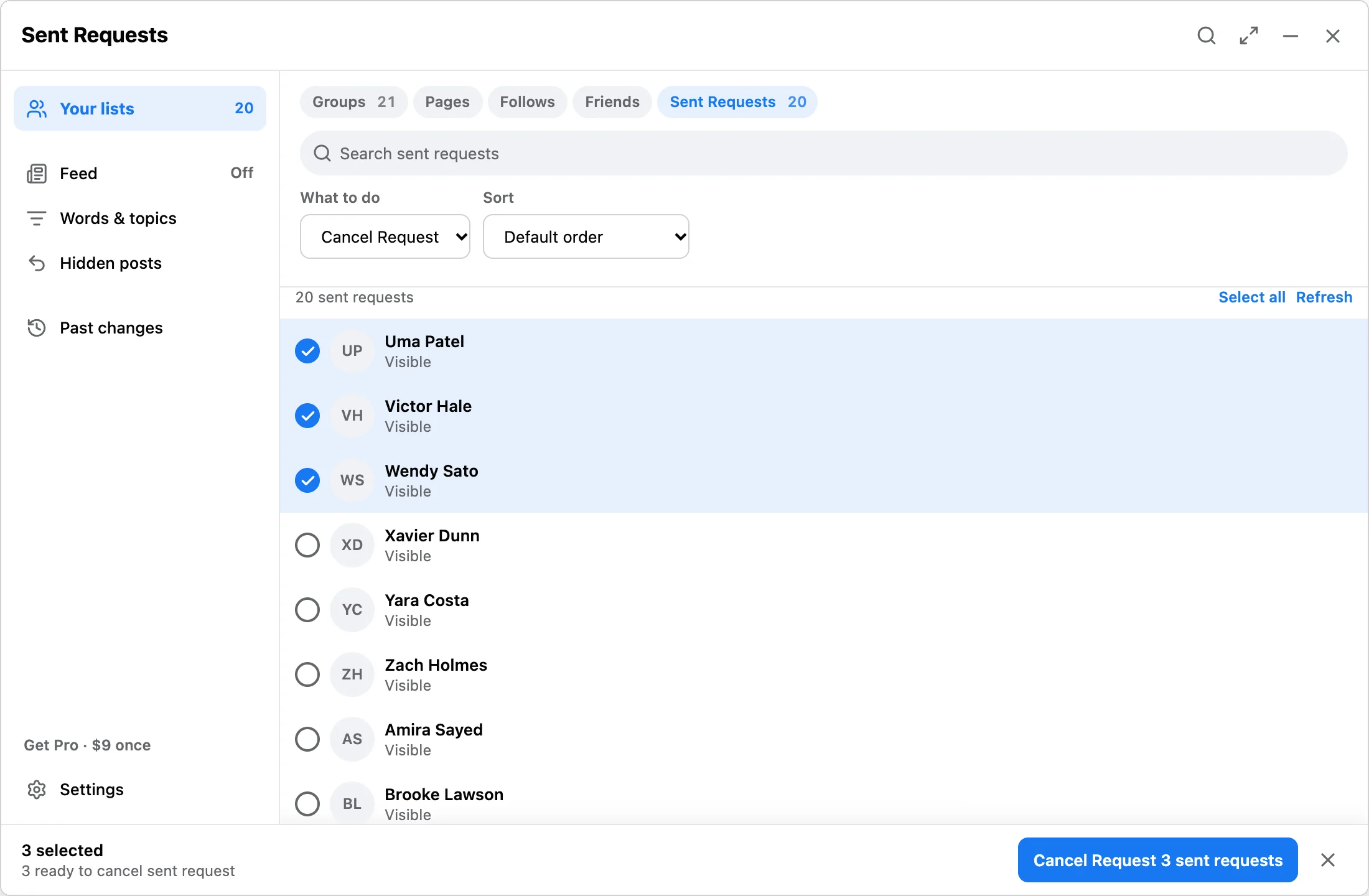 The Sent Requests list with Cancel Request chosen and three illustrative requests selected. The bar reads 3 selected, 3 ready to cancel sent request.