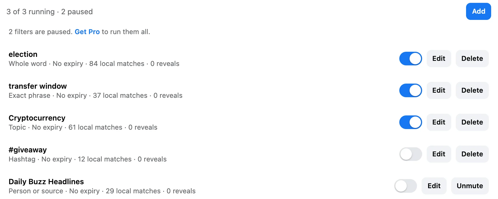 Words and topics with three filters running (election, transfer window, Cryptocurrency) and two paused.