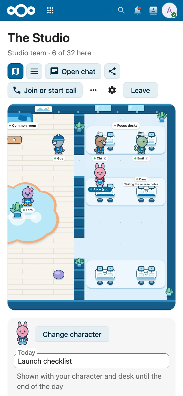 Virtual Office on a phone: The Studio map with the people inside